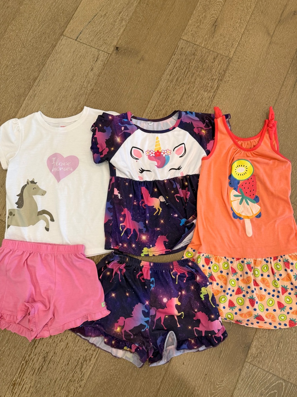 Lot of 5 Piece Girls Summer Pajama Sets Unicorn Horses Nightgown Size 7